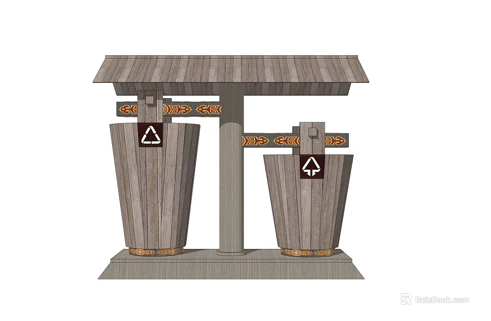 Double Wooden Roofed Trash Bins With Recycling Signs And Stable Base 3d model 