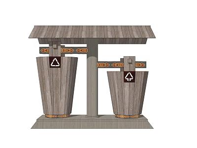 Double Wooden Roofed Trash Bins With Recycling Signs And Stable Base 3d model