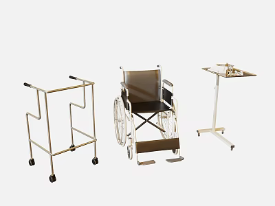 Essential Medical Devices For Patient Assistance Wheelchair Walker And Mobile Tray Table 3d model