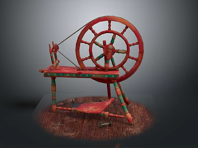 Vintage Animal Themed Red Spinning Wheel With Large Wooden Wheel And Stand Platform 3d model