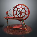 Vintage Animal Themed Red Spinning Wheel With Large Wooden Wheel And Stand Platform