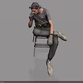 Man Sitting On Chair Wearing Cap Gray T-Shirt Tool Belt Gloves In Light Blue Background