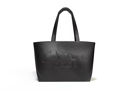 Black Leather Tote Bag With Top Handles And Cute Cartoon Pattern Design 3d model
