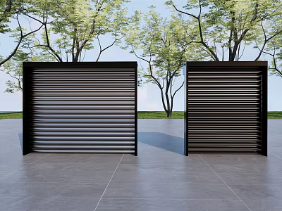 Black Louvered Structures with Trees and Blue Sky in Background on Gray Tiled Ground 3d model