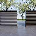 Black Louvered Structures with Trees and Blue Sky in Background on Gray Tiled Ground 3d model