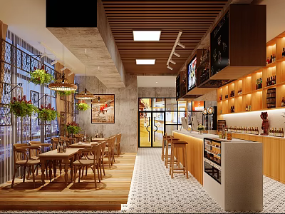 Modern Bar Interior With Wooden Ceiling Counter Seating Green Plants And Wine Racks 3d model