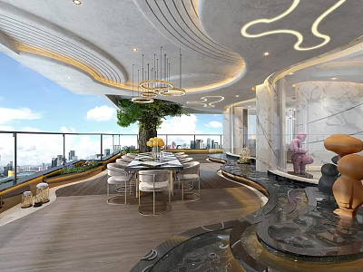 Modern Open Restaurant Interior Design With Marble Dining Table Chandelier And City View 3d model