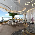 Modern Open Restaurant Interior Design With Marble Dining Table Chandelier And City View