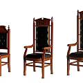 Vintage Wooden Chairs Featuring Black Leather Seats And Carved Backrest Design