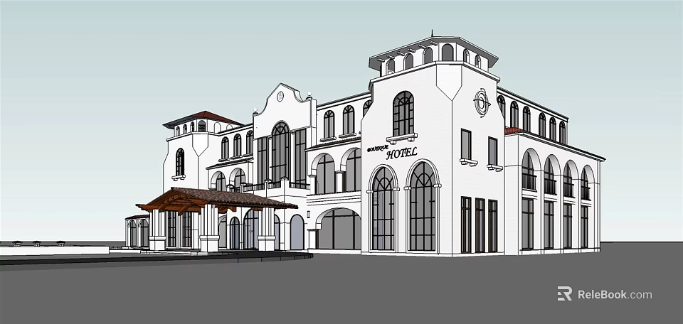 European Style Hotel Building With White Facade Arched Windows And Tower Structure 3d model 
