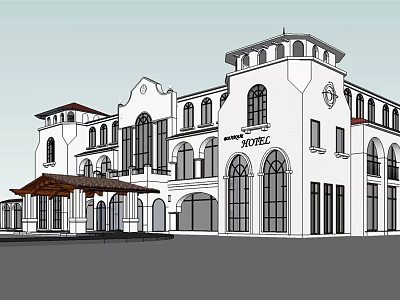 European Style Hotel Building With White Facade Arched Windows And Tower Structure 3d model