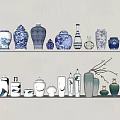 Traditional And Modern Ceramic Vessels Displayed On White Shelves With Blue White And Green Designs