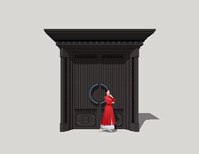 Traditional Chinese Black Entrance Gate With Circular Decoration And Red Clothed Figure 3d model