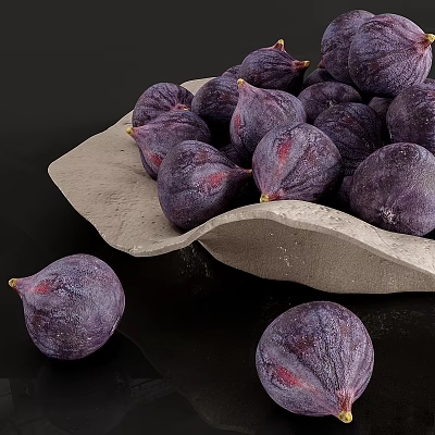 Ripe Purple Figs Placed on Light Colored Plate with Scattered Ones 3d model