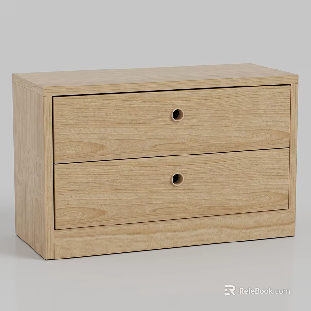 Natural Wooden Nightstand With Two Drawers And Round Knobs Simple Design 3d model 