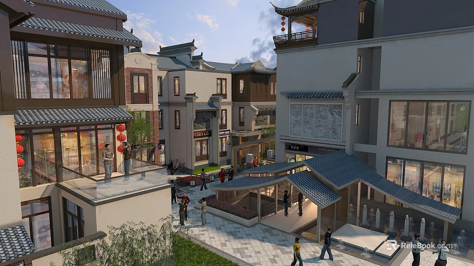 Traditional Chinese Style Commercial Street With Ancient Architecture Pedestrians And Shopfronts 3d model 