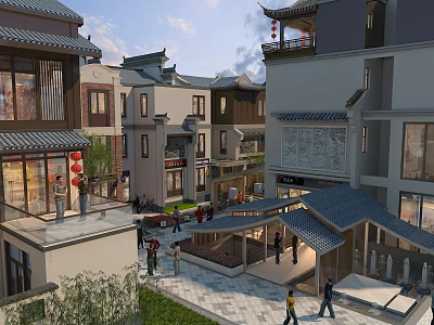 Traditional Chinese Style Commercial Street With Ancient Architecture Pedestrians And Shopfronts 3d model