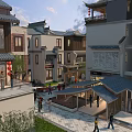 Traditional Chinese Style Commercial Street With Ancient Architecture Pedestrians And Shopfronts