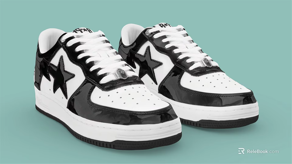 Black and White Star Pattern Glossy Leather Sneakers With White Laces And White Sole 3d model 