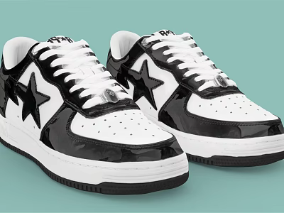 Black and White Star Pattern Glossy Leather Sneakers With White Laces And White Sole 3d model