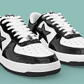 Black and White Star Pattern Glossy Leather Sneakers With White Laces And White Sole