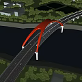 Orange Arch Bridge Multi Lane Vehicles Driving Over River With Distant Mountains 3d model