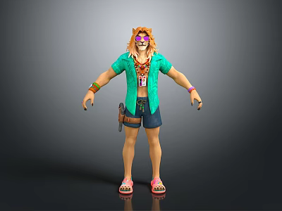 Cartoon Character With Lion Headgear Green Open Shirt Denim Shorts And Sandals 3d model