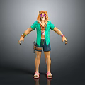 Cartoon Character With Lion Headgear Green Open Shirt Denim Shorts And Sandals
