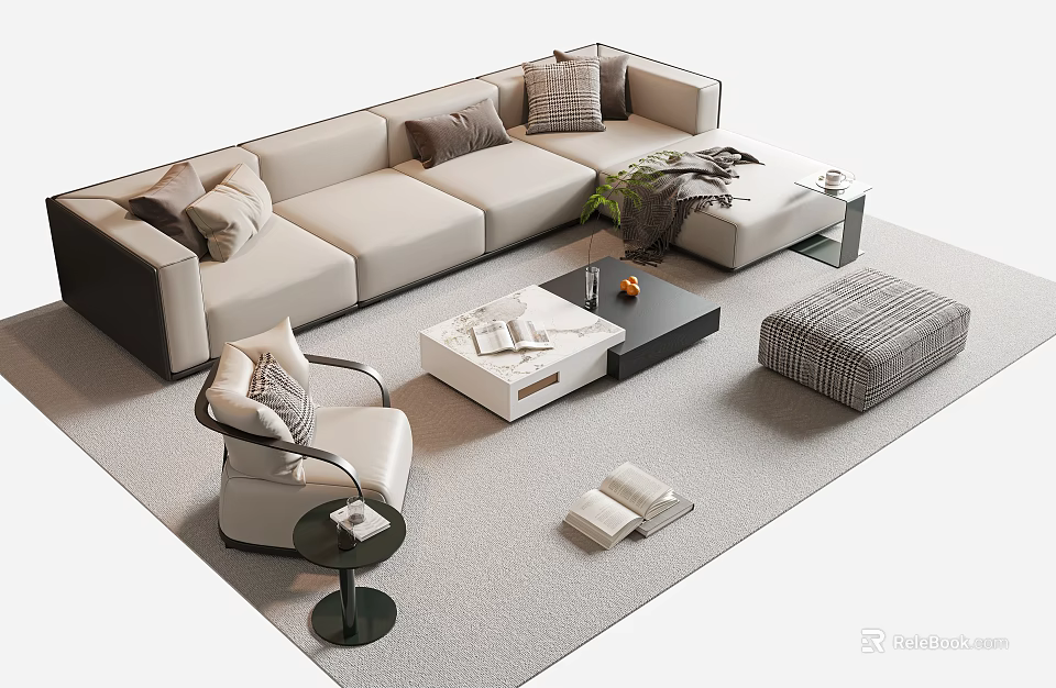 Modern Beige Sofa and Coffee Table Set with Pillows Throw Blanket Armchair Ottoman 3d model 