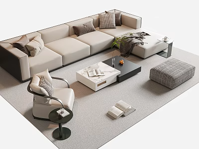 Modern Beige Sofa and Coffee Table Set with Pillows Throw Blanket Armchair Ottoman 3d model