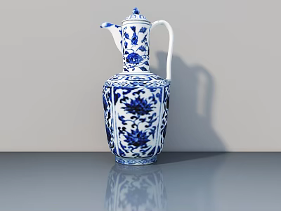 Elegant Traditional Blue And White Ceramic Pitcher With Intricate Floral Patterns 3d model