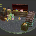 Treasure Chest Scene With Wooden Barrel Crates Goblets And Gold Coins