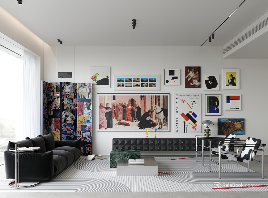 Spacious Modern Living Room With Black Sofa Various Art Paintings And Bright Lighting 3d model 