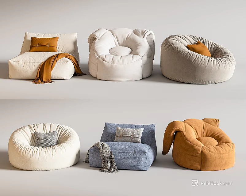 Modern Bean Bag Chairs in Various Colors for Comfortable Living Room Seating 3d model 
