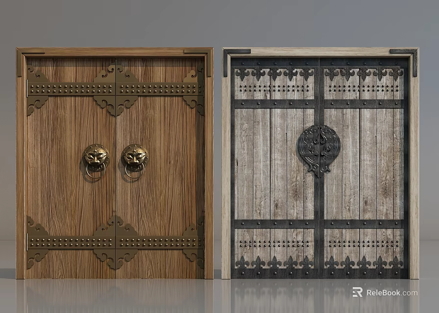 Vintage Style Traditional Wooden Gates With Brass Decorations Lion Head And Circular Knockers 3d model 