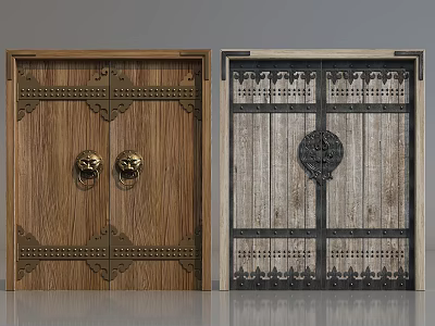 Vintage Style Traditional Wooden Gates With Brass Decorations Lion Head And Circular Knockers 3d model