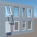 Various Window Types Installed On Gray Brick Wall For Home Exterior Design 3d model