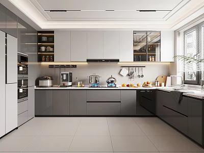 Modern Kitchen Interior With Gray White Cabinets Appliances Countertop And Natural Light 3d model