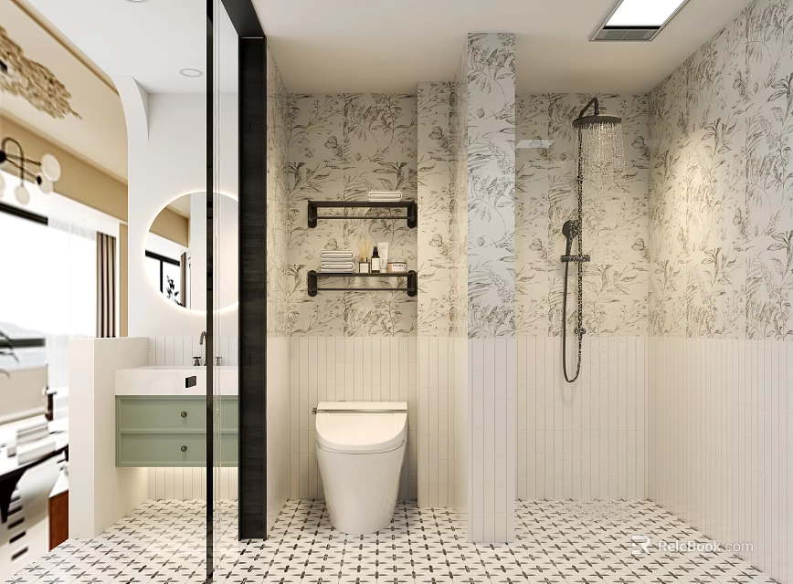 Modern Bathroom Interior With Patterned Walls And Shower Area 3d model