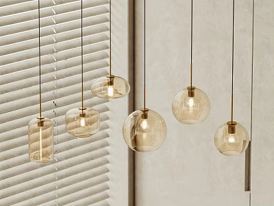 Modern Amber Transparent Glass Pendant Lights With Spherical Cylindrical Designs In Interior With Window Blinds 3d model