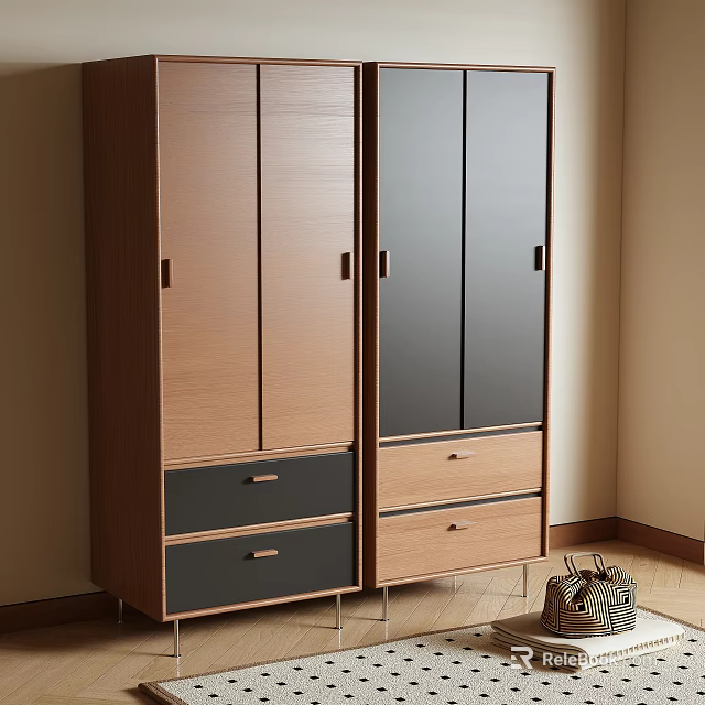 Modern Wooden Wardrobe With Black Panels And Bottom Drawers In Bedroom 3d model 