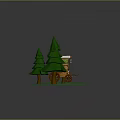 3D Model Scene With Wooden Cabin Green Pine Trees Snowy Roof And Grassy Ground