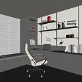 Modern Minimalist Home Office Desk With White Chair Bookshelves Laptop And Rabbit Figurines