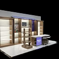 Specialty Store Interior Design With Display Shelves Counter Brand Sign And Striped Awning