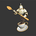 Game Film Robot Character Holding Golden Spoon Pouring Black Liquid Into White Golden Rimmed Cup