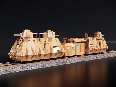 Doll Figure on Camouflage Model Train with Multiple Carriages on Track 3d model