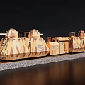 Doll Figure on Camouflage Model Train with Multiple Carriages on Track