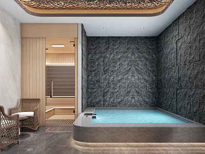 Luxurious SPA Sauna With Hot Tub Wooden Sauna And Stone Wall 3d model