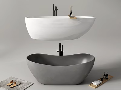 Modern Freestanding White and Gray Bathtubs with Slippers Towel and Bath Products 3d model