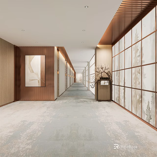 Elegant Modern Hotel Corridor Interior With Wooden Decor Glass Partitions And Carpet Flooring 3d model 